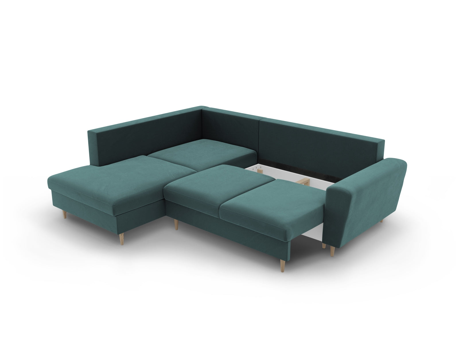 Stylisches Kyoto Velour Ecksofa links in Petrol, 5-Sitzer mit praktischer Schlaffunktion und integriertem Stauraum für modernen Komfort.
