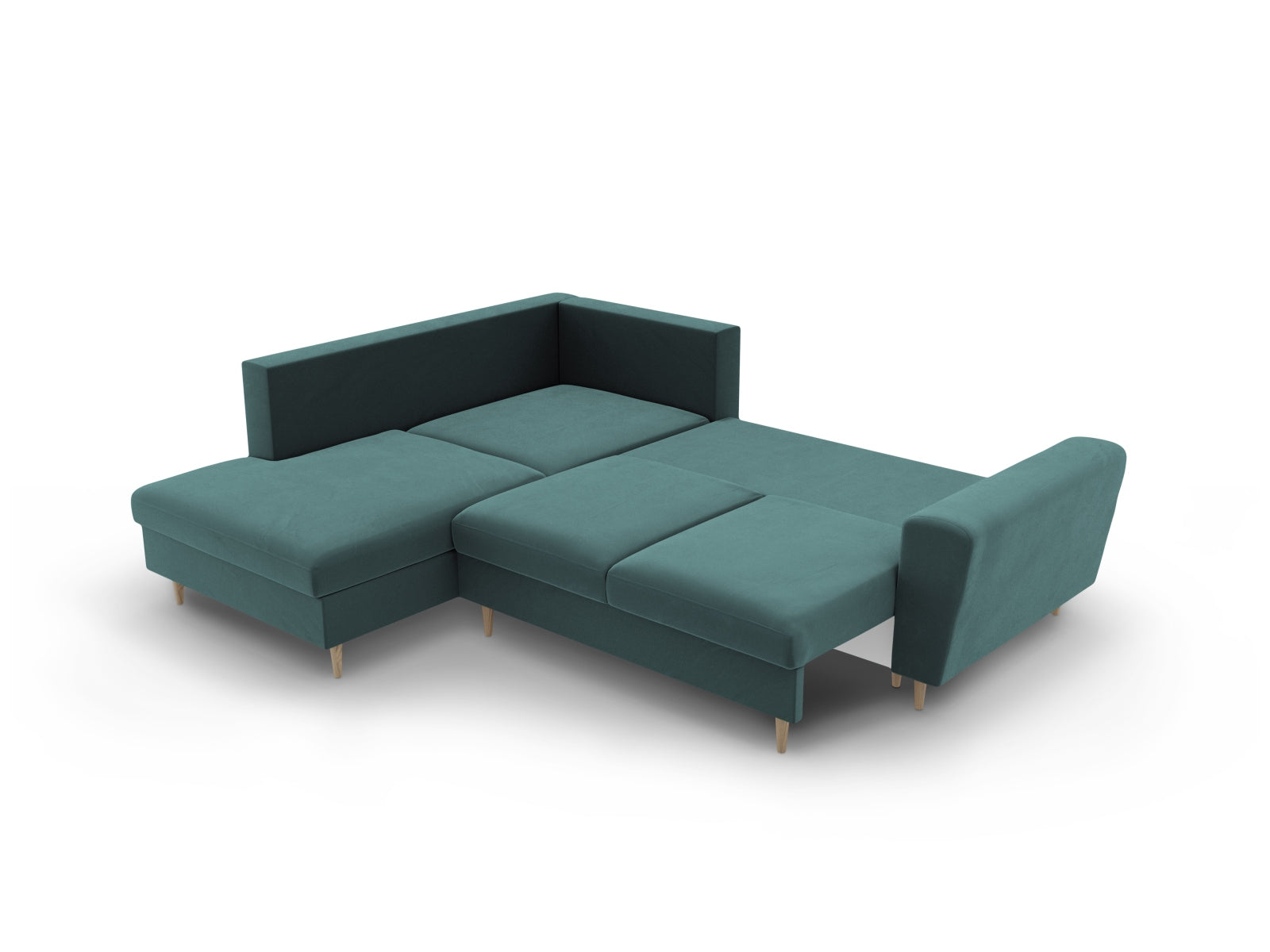 Elegantes Kyoto Velour Ecksofa links in Petrol, 5-Sitzer mit cleverer Schlaffunktion und Stauraum für zusätzlichen Komfort und Stil.