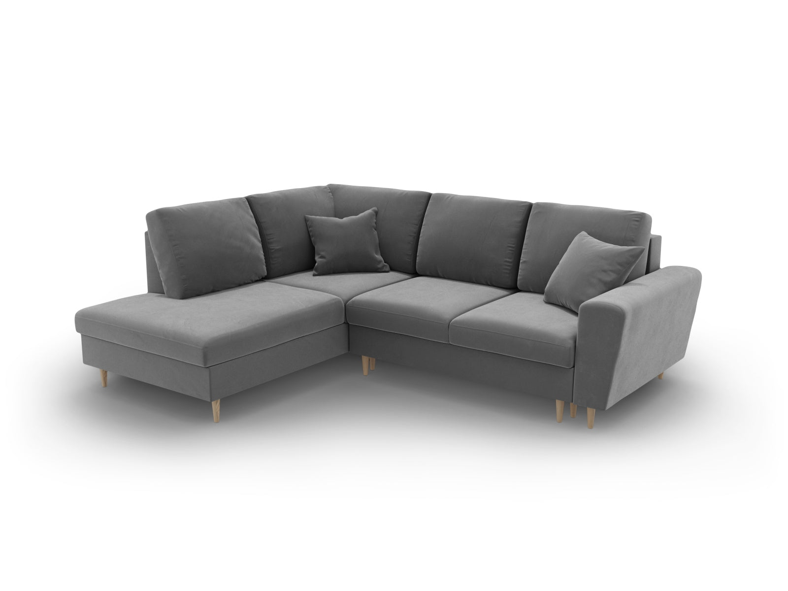 Elegantes 5-Sitzer Kyoto Velour Ecksofa links in hellem Grau, ausgestattet mit Schlaffunktion und praktischer Stauraumbox für zusätzlichen Komfort.