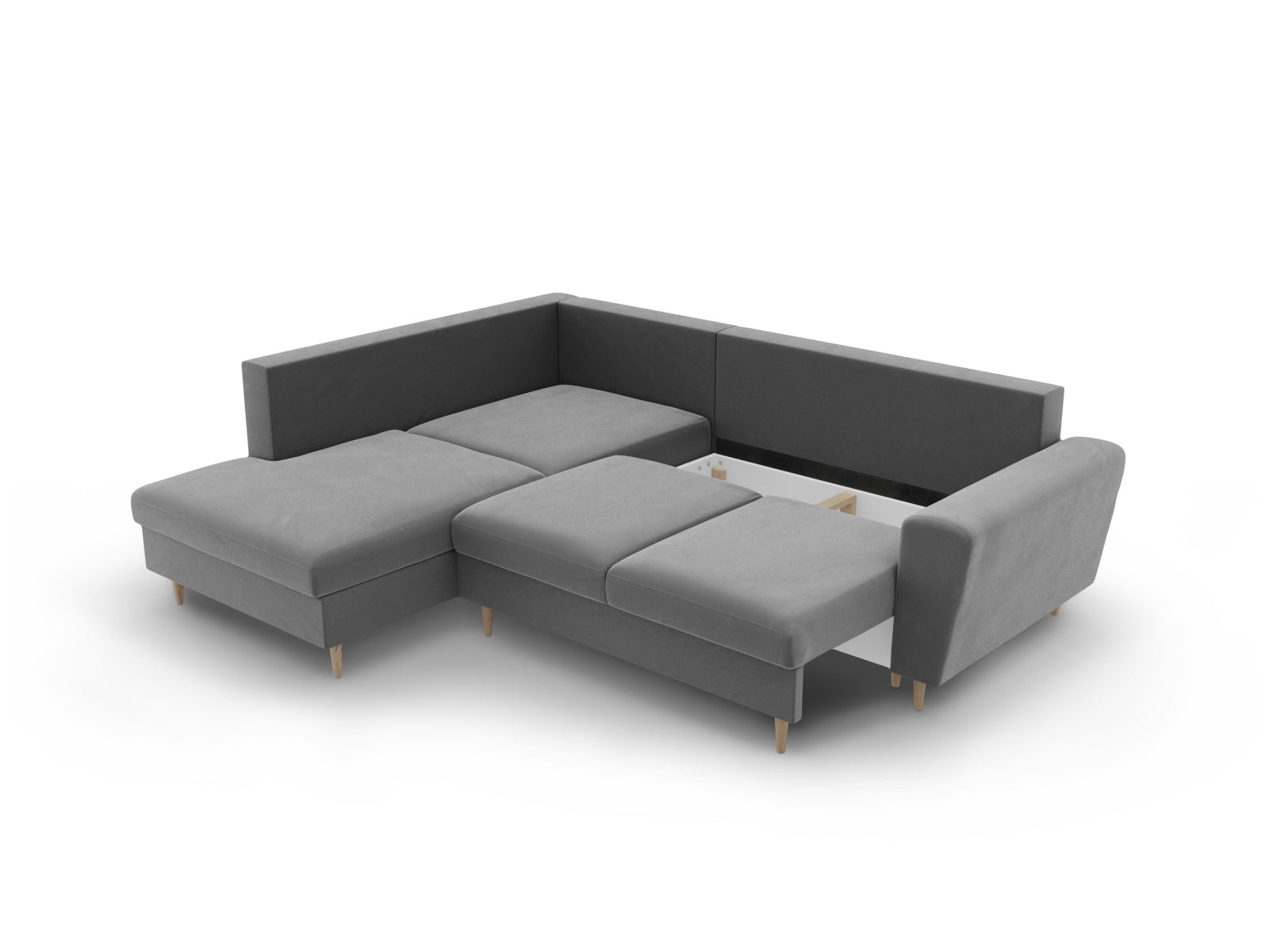 Stylisches Kyoto Velour Ecksofa links in sanftem Grau, ideal für Wohnräume, mit Schlaffunktion und Stauraum für optimale Nutzung.
