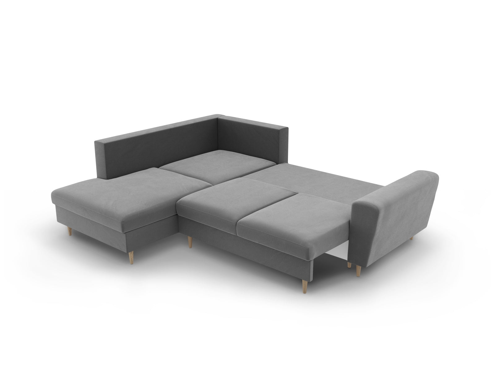 Elegantes Kyoto Velour Ecksofa links in dezentem Grau, 5-Sitzer mit praktischer Schlaffunktion und Stauraum, perfekt für moderne Wohnkonzepte.