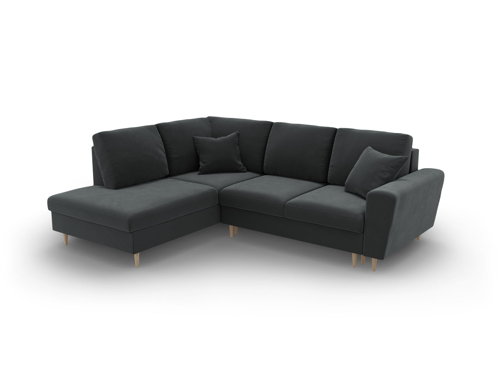 Elegantes 5-Sitzer Kyoto Velour Ecksofa links in Dunkelgrau, ausgestattet mit Schlaffunktion und praktischer Stauraumbox für zusätzlichen Komfort.