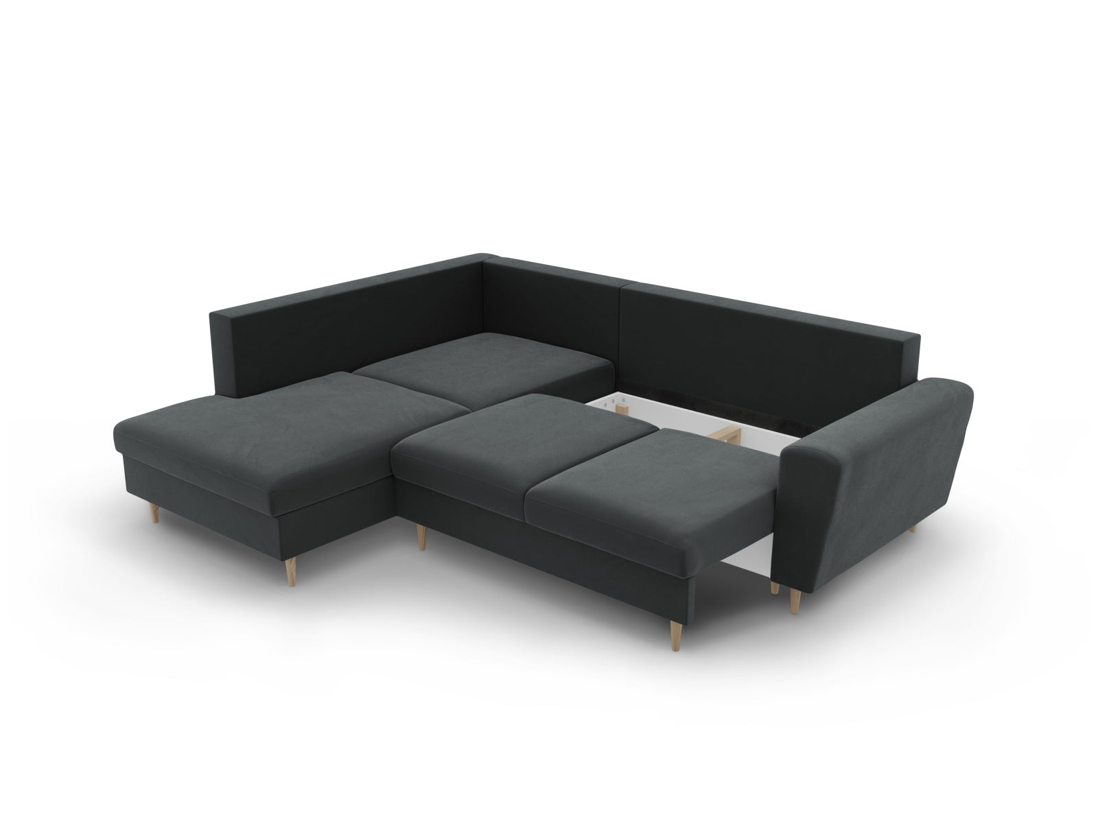 Stylisches Kyoto Velour Ecksofa links in Dunkelgrau, ideal für Wohnräume, bietet Schlaffunktion und Stauraum für mehr Flexibilität.