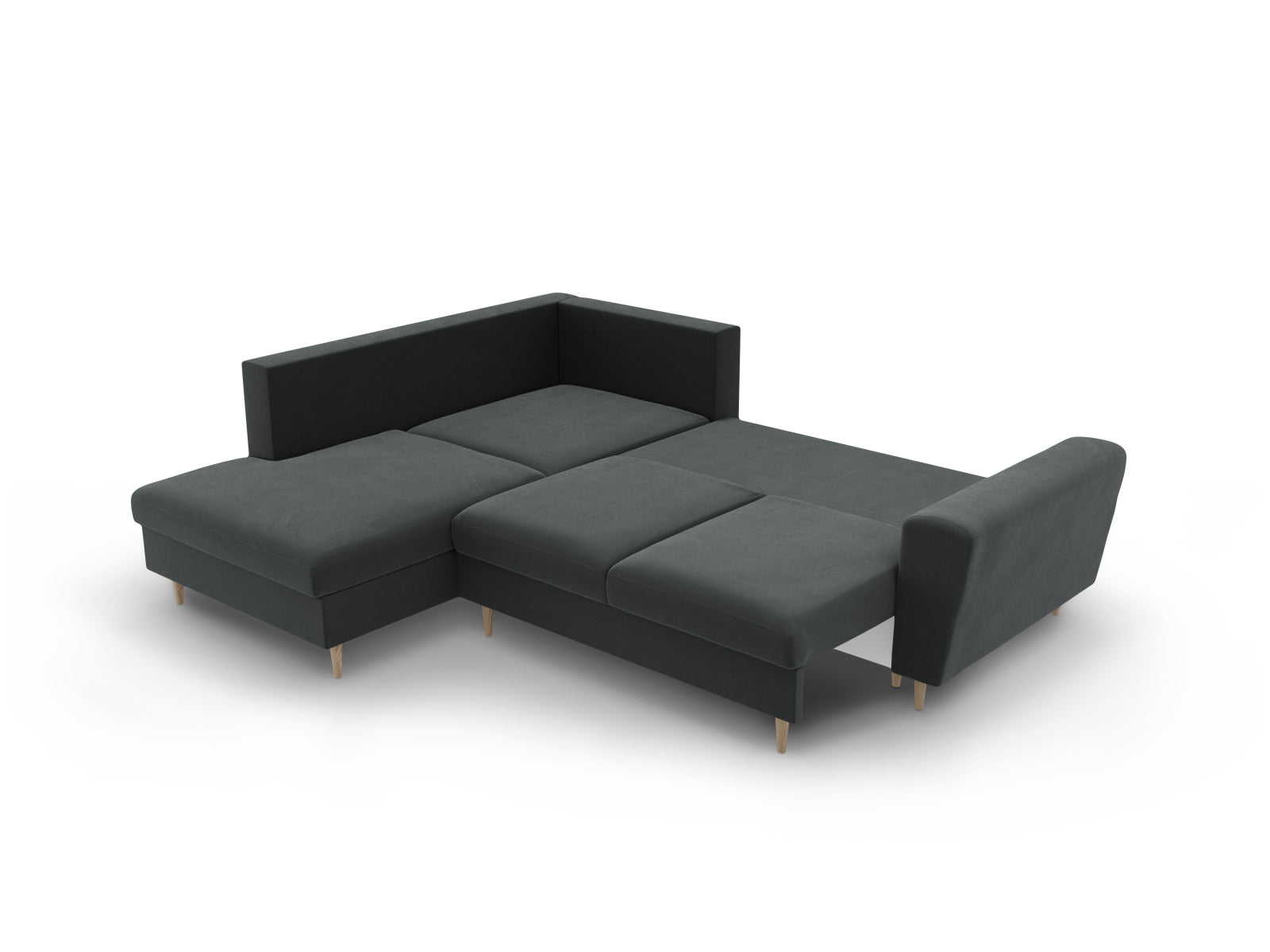 Elegantes Kyoto Velour Ecksofa links in Dunkelgrau, 5-Sitzer mit praktischer Schlaffunktion und Stauraum, perfekt für moderne Wohnkonzepte.