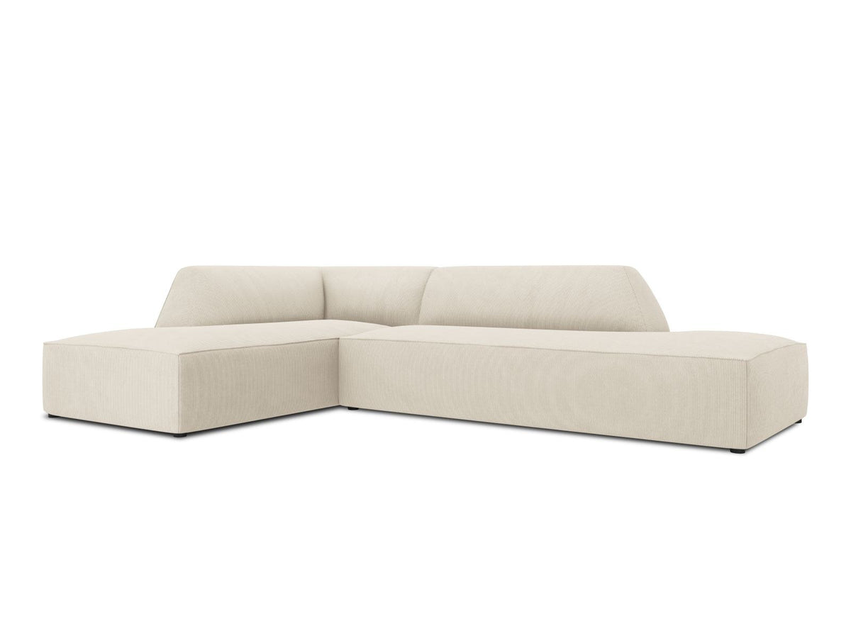 Modulares Ecksofa Siena links, 4-Sitzer, Light Beige-Scala Stoff, Massivholzrahmen, schwarze Kunststoffbeine, Sitzhöhe 40 cm.