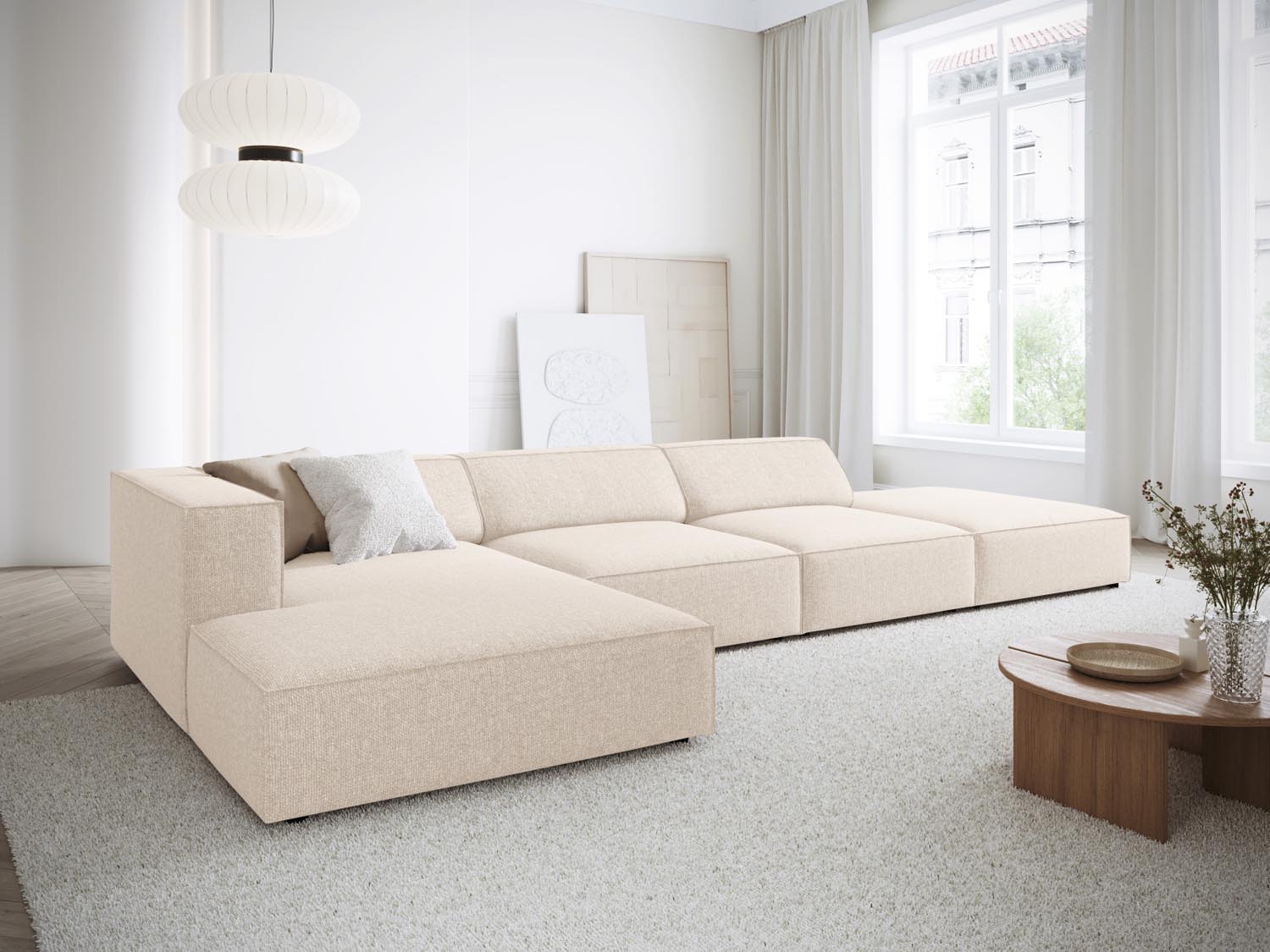 Stylisches Arendal Ecksofa links in sanftem Beige, ideal für moderne Wohnräume, präsentiert von Cosmopolitan Design.
