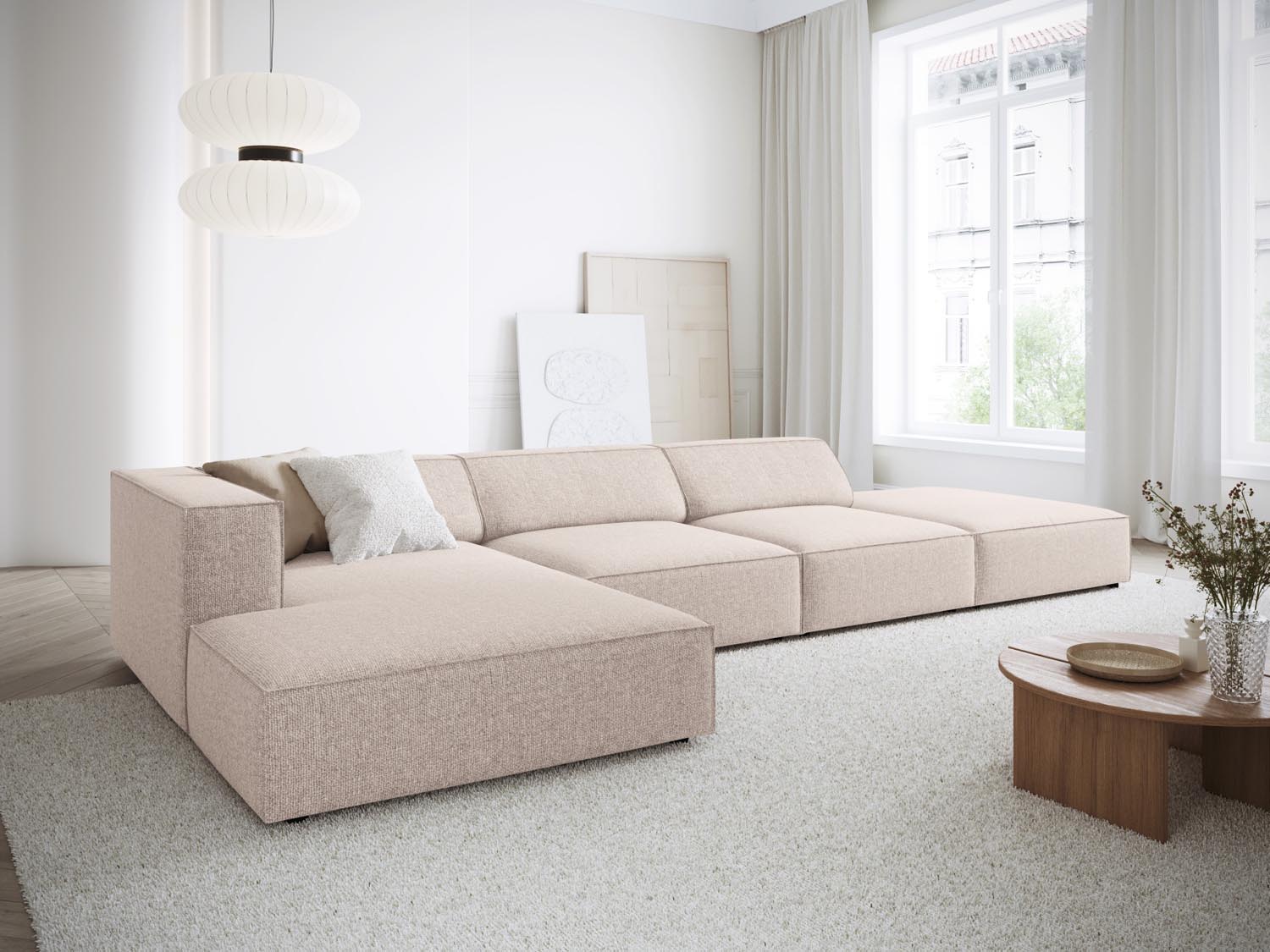Beige Arendal Ecksofa links 5 Sitzer von Cosmopolitan Design, stilvoll und modern, ideal für gemütliche Wohnräume.
