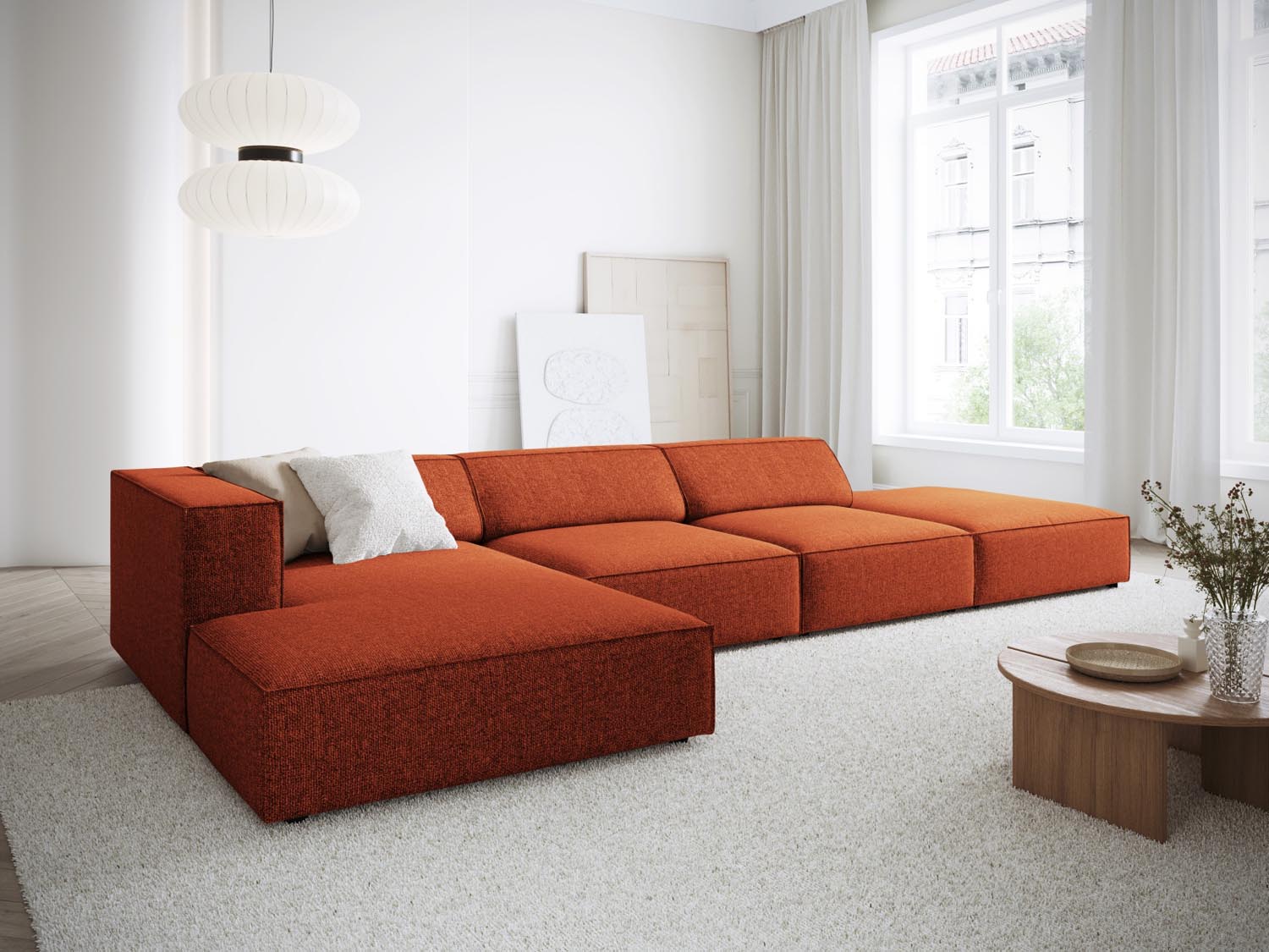 Gemütliches Arendal Ecksofa links in warmem Terracotta, ideal für stilvolle Wohnräume, präsentiert von Cosmopolitan Design.
