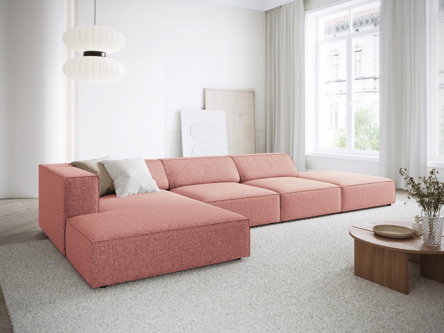 Stylisches Arendal Ecksofa links in Pink-Haga, ideal für moderne Wohnräume, präsentiert von Cosmopolitan Design.