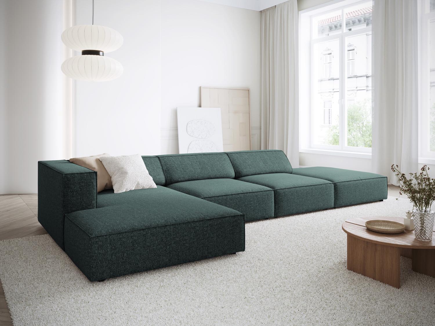 Gemütliches Arendal Ecksofa links in stilvollem Petrol-Haga, ideal für moderne Wohnräume, präsentiert von Cosmopolitan Design.