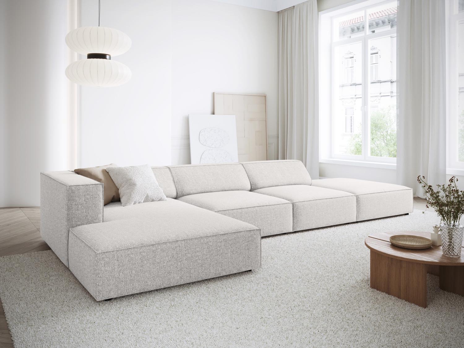 Stylisches Arendal Ecksofa links in hellem Grau, ideal für moderne Wohnräume, präsentiert von Cosmopolitan Design.