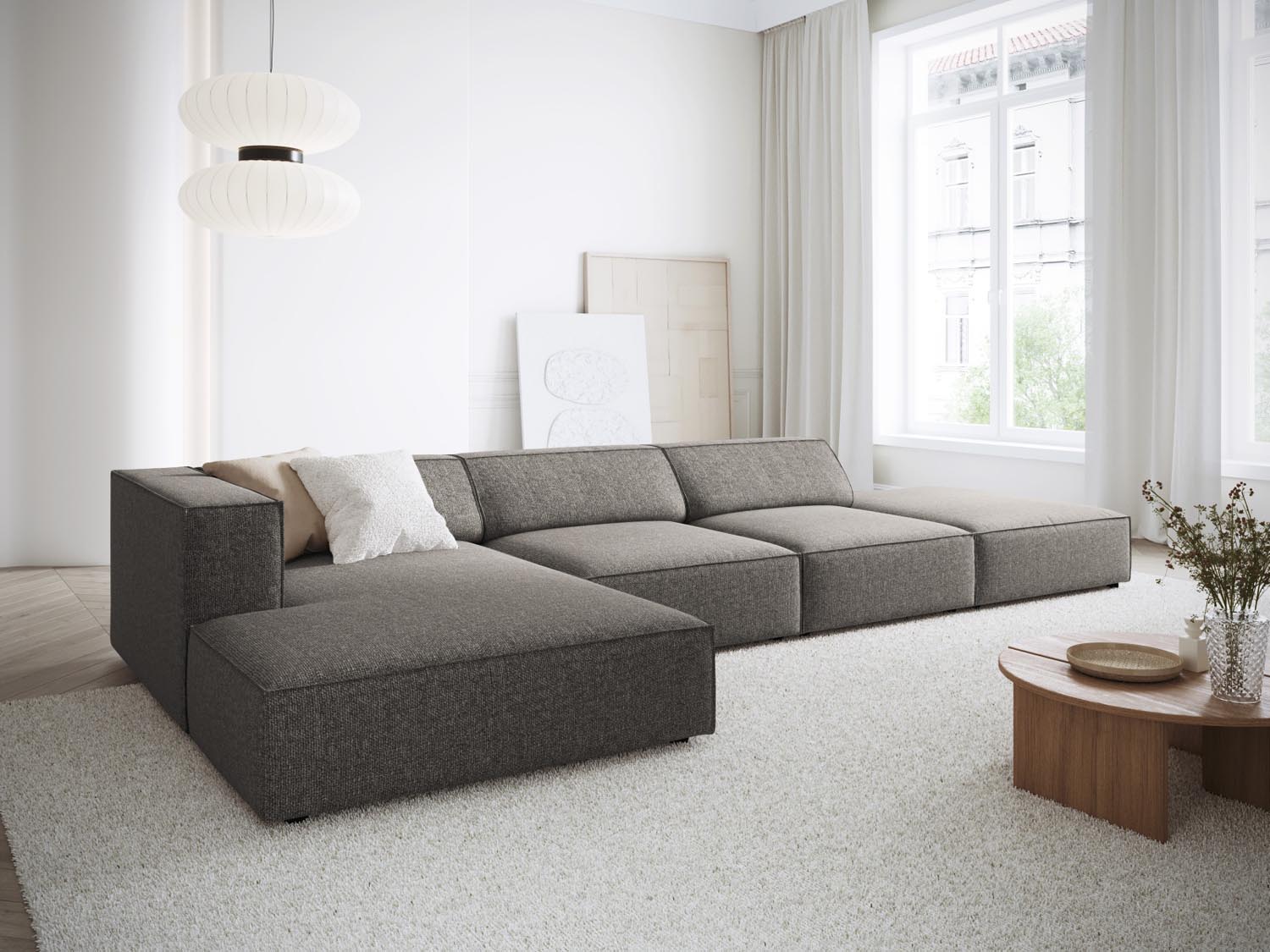 Stylisches Arendal Ecksofa links, 5 Sitzer in elegantem Grau, ideal für moderne Wohnräume, präsentiert von Cosmopolitan Design.