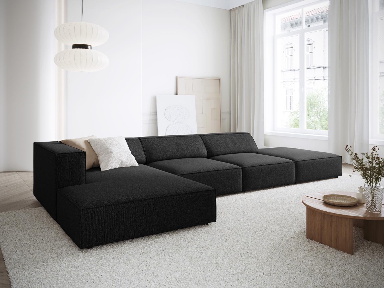 Stylisches Arendal Ecksofa links, 5 Sitzer in elegantem Schwarz, ideal für moderne Wohnräume und gemütliche Abende.