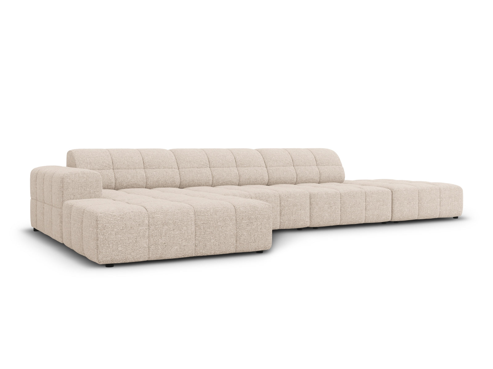 Beige Chicago Ecksofa links 5 Sitzer mit modernem Design, ideal für stilvolle Wohnräume. Perfekte Kombination aus Komfort und Eleganz.