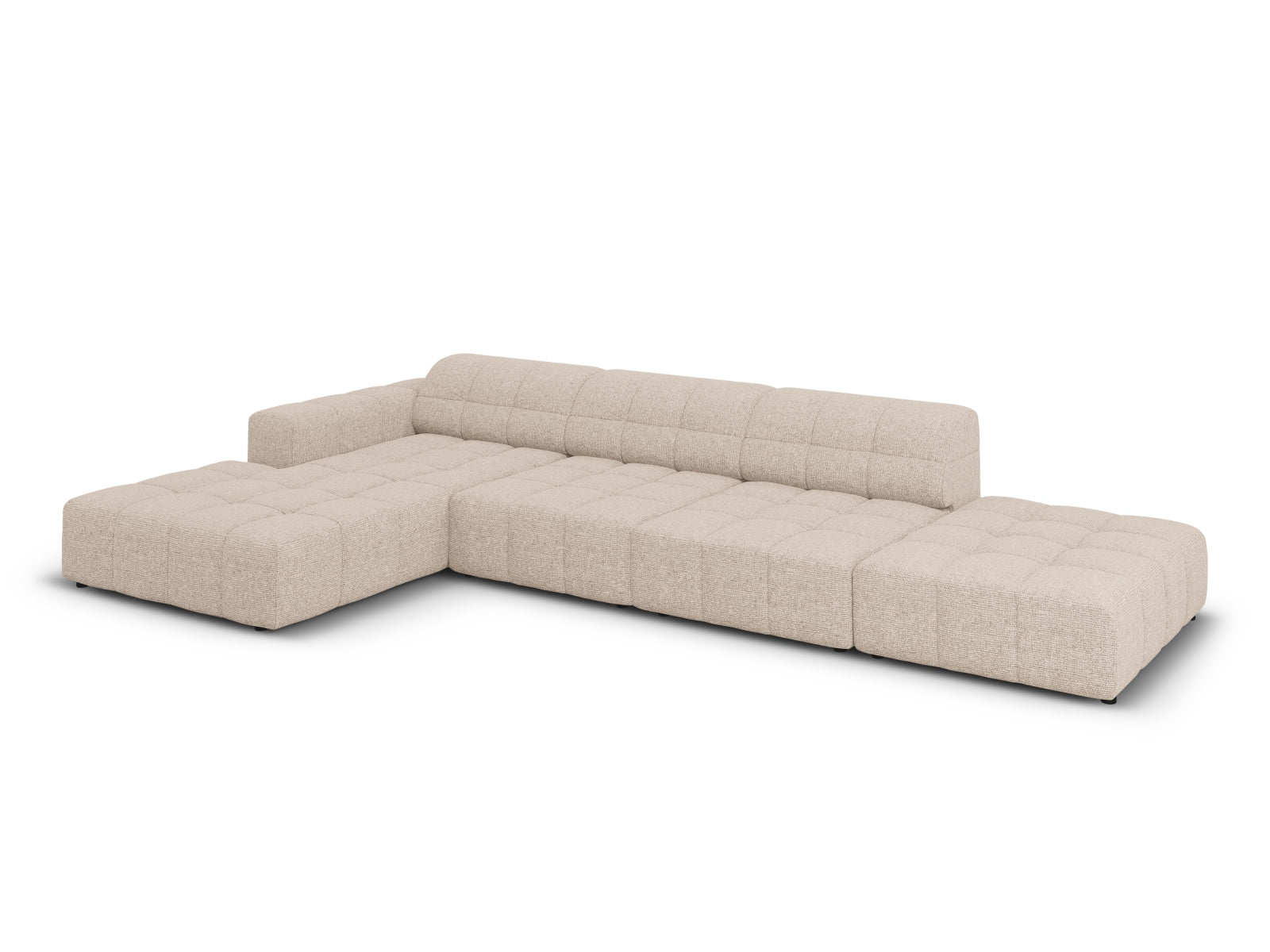 Beige L-Sofa Chicago, 5-Sitzer, links, modernes Design, ideal für gemütliche Wohnzimmer, vereint Stil und Bequemlichkeit.