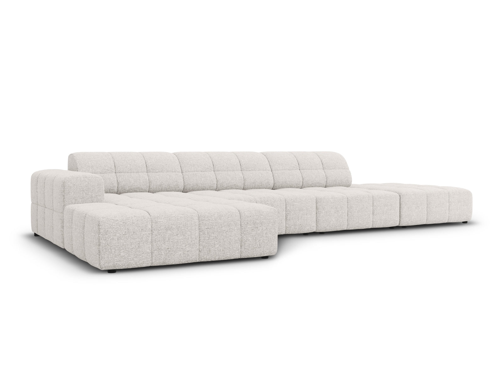 Modernes Chicago Ecksofa links, 5 Sitzer in hellem Grau, ideal für stilvolle Wohnräume. Perfekte Kombination aus Komfort und Design.
