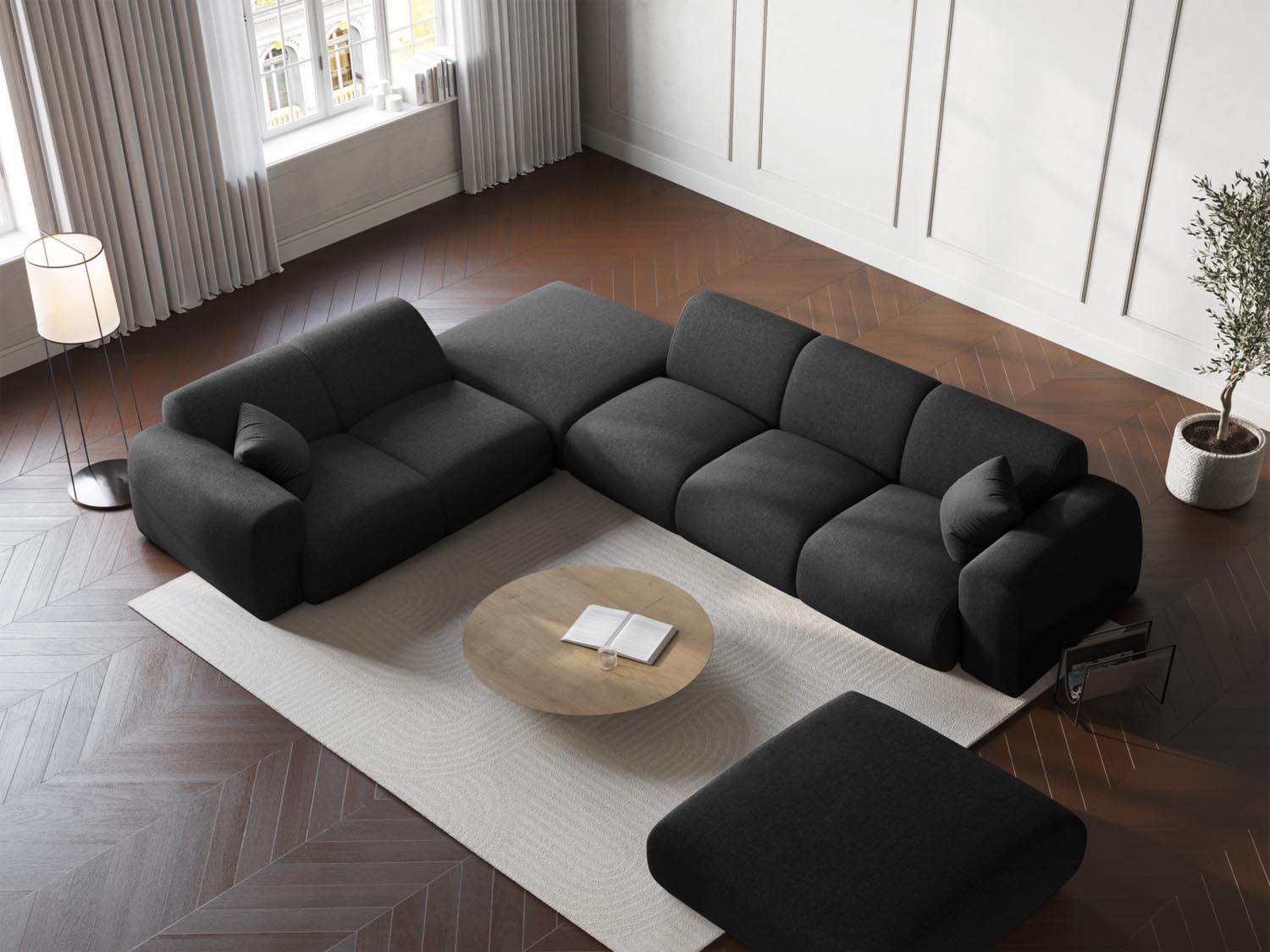 Elegantes Nolio Ecksofa links in Schwarz, 4-Sitzer, 250 cm, ideal für stilvolle Wohnräume, präsentiert von Cosmopolitan Design.