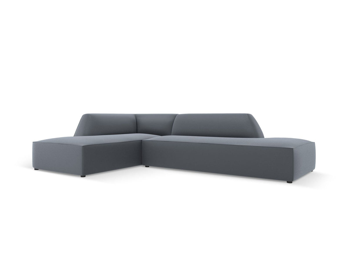 Modulares Ecksofa links Siena in Light Beige mit Kunstleder-ähnlichem Bezug, Récamiere, schwarzen Kunststoffbeinen und schlichter Rückenlehne.