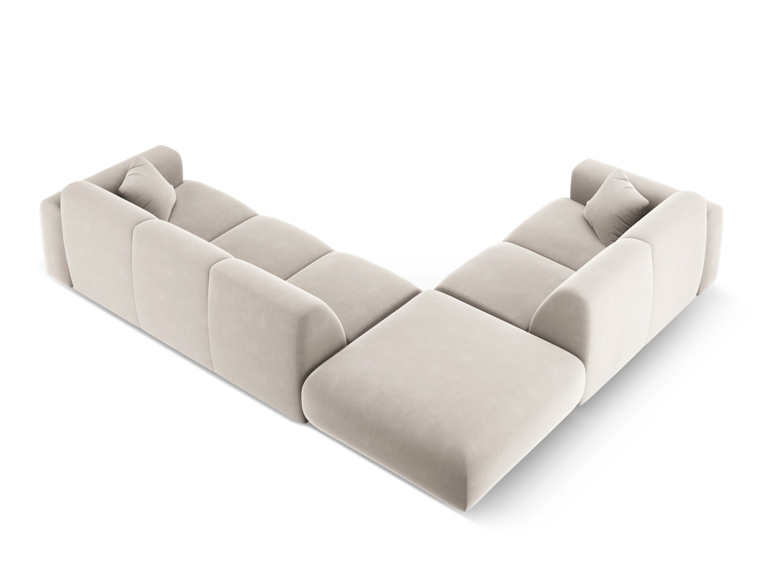 Elegantes Nolio Velour Ecksofa links in zartem Beige, großzügig dimensioniert für 4 Personen, ideal für gemütliche und moderne Wohnambiente.