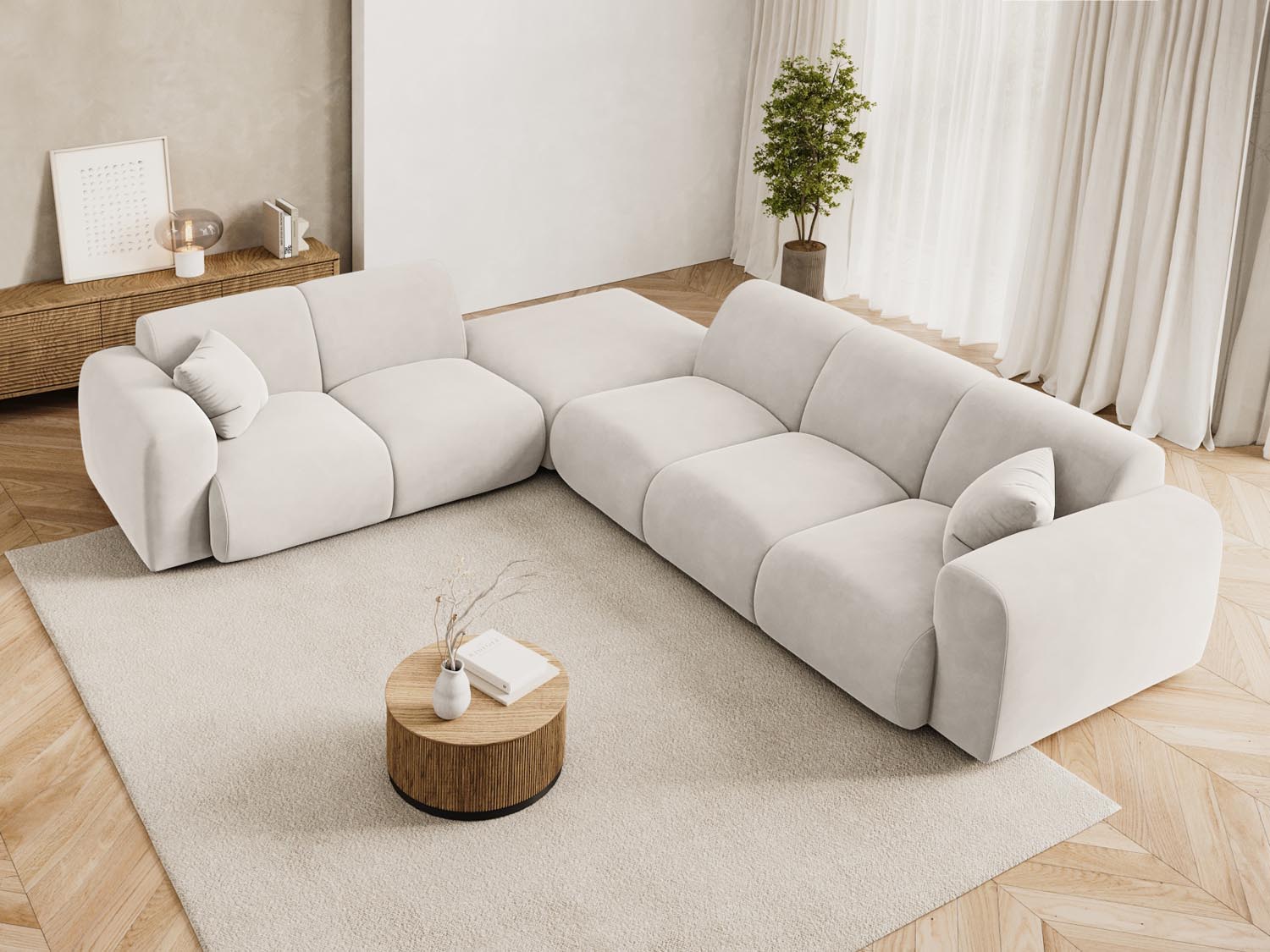 Elegantes Nolio Velour Ecksofa links in Light Beige, 4-Sitzer, 250 cm, stilvoll und modern, ideal für jedes Wohnzimmer.