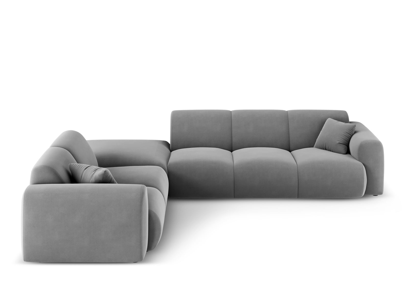 Modernes Nolio Velour Ecksofa links in sanftem Grau, perfekt für gemütliche Wohnzimmer, stilvoll inszeniert in einem eleganten Raum.