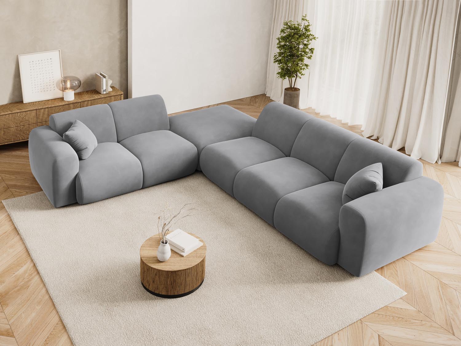 Elegantes Nolio Velour Ecksofa links in hellem Grau, ideal für stilvolle Wohnräume, präsentiert in einer modernen Umgebung.