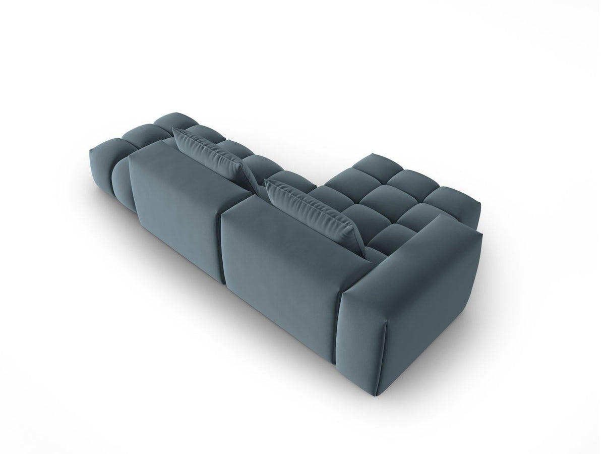 Modulares Ecksofa Verona in Sand-Casino Samt mit Récamiere links, schwarzen Kunststoffbeinen und weicher Velours-Polsterung, 4 Sitzplätze.