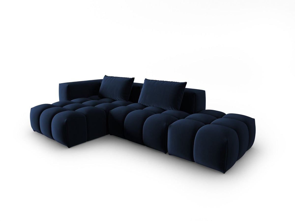 Modulares Ecksofa Verona in Sand-Casino Samt mit Récamiere links, schwarzen Kunststoffbeinen und weicher Velours-Polsterung, 4 Sitzplätze.