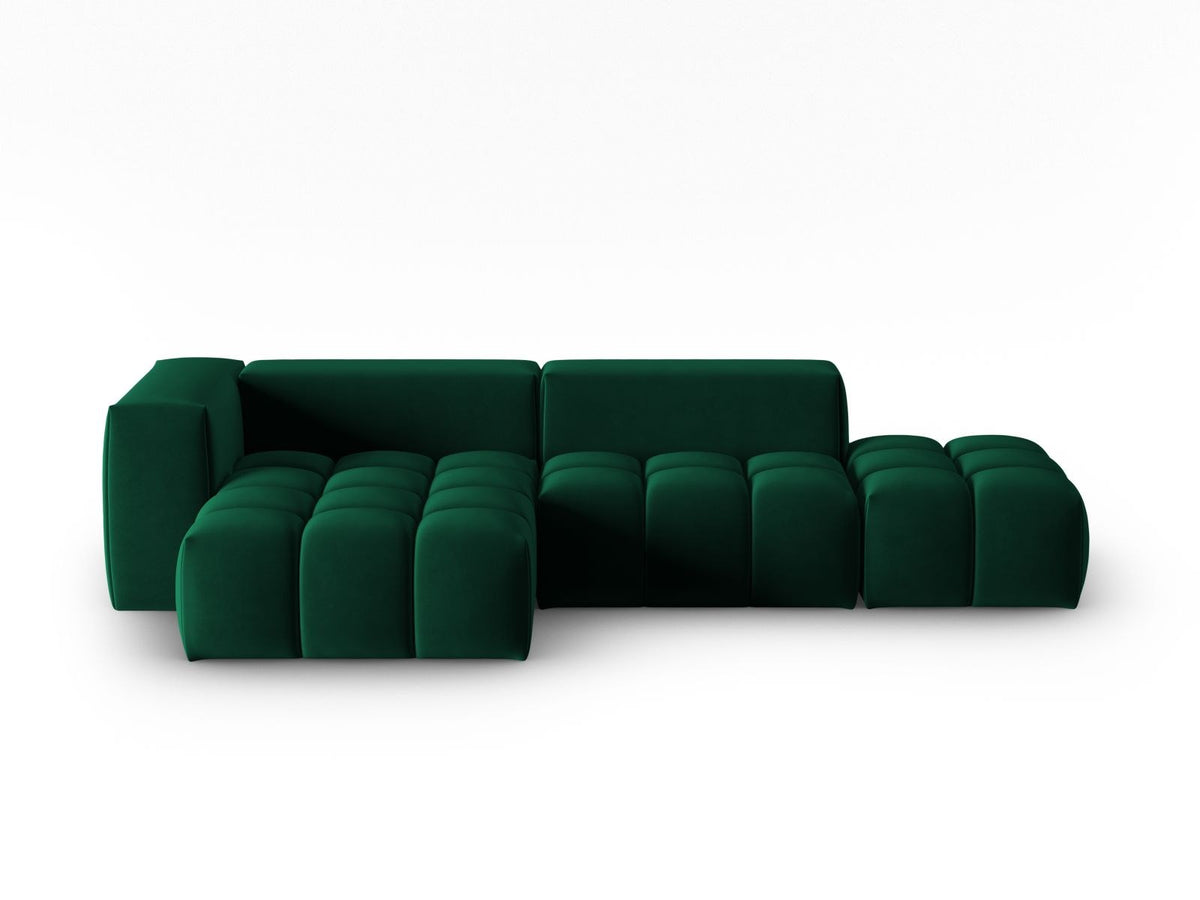 Modulares Ecksofa Verona in Sand-Casino Samt mit Récamiere links, schwarzen Kunststoffbeinen und weicher Velours-Polsterung, 4 Sitzplätze.