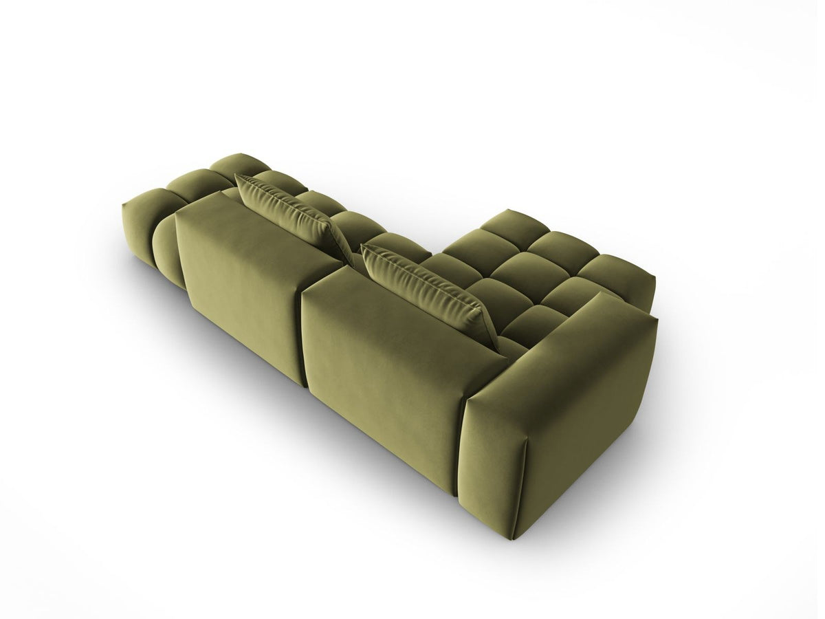Modulares Ecksofa Verona in Sand-Casino Samt mit Récamiere links, schwarzen Kunststoffbeinen und weicher Velours-Polsterung, 4 Sitzplätze.