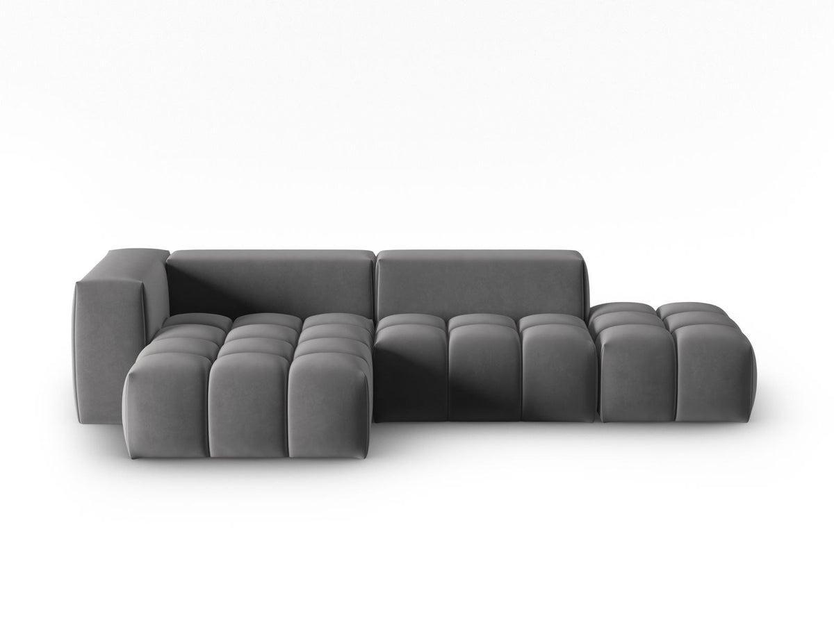 Modulares Ecksofa Verona in Sand-Casino Samt mit Récamiere links, schwarzen Kunststoffbeinen und weicher Velours-Polsterung, 4 Sitzplätze.
