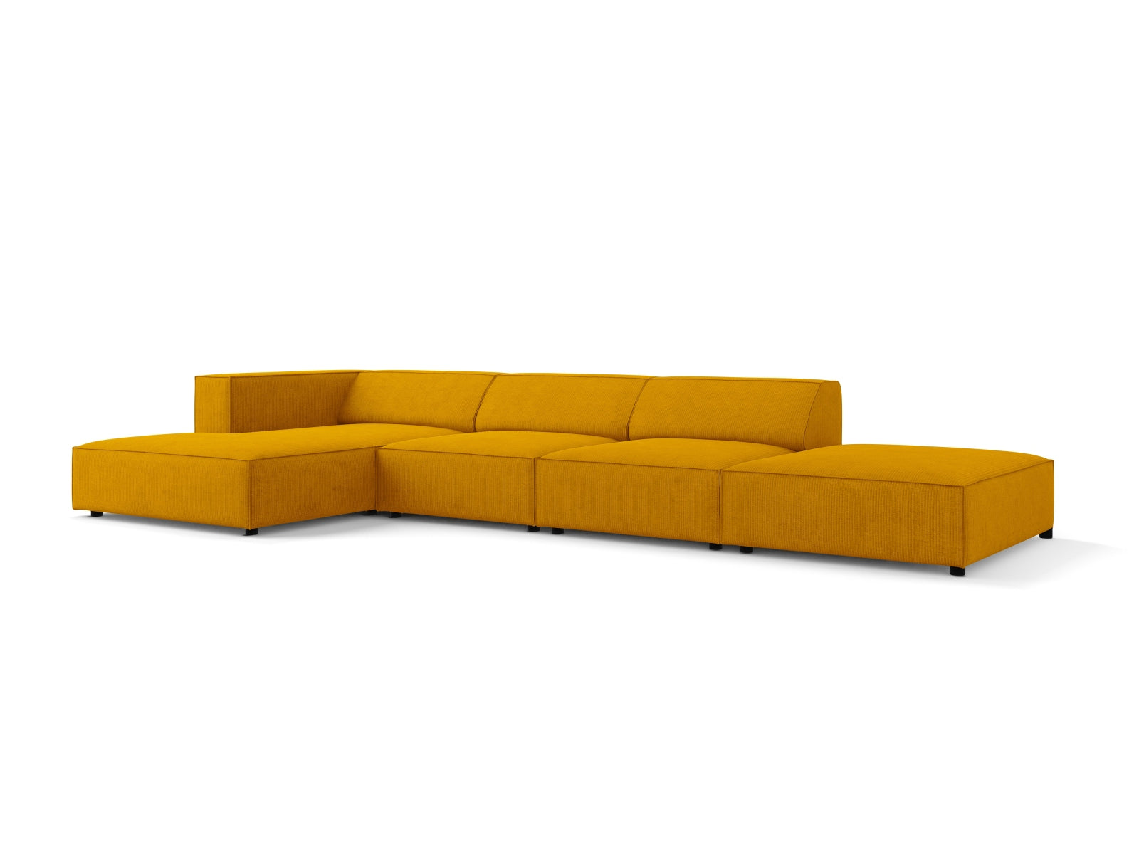 Stylisches Arendal Ecksofa links, 5 Sitzer in warmem Senfgelb, ideal für moderne Wohnräume, erhältlich bei KAQTU Design AG.