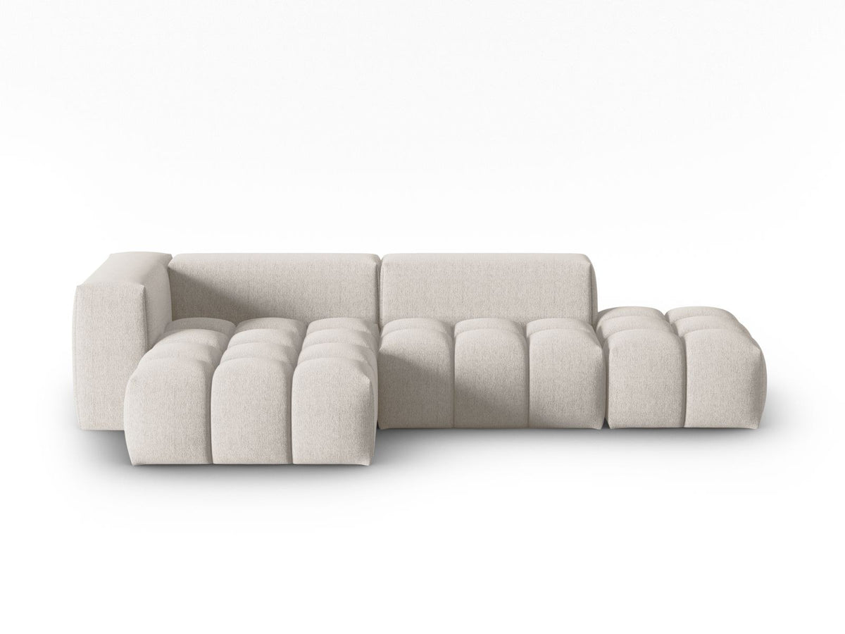 Modulares Ecksofa Verona Links in Beige-Sorella mit Massivholzrahmen, schwarzen Kunststoffbeinen und strukturiertem Tweed-Polsterstoff, 4 Sitzplätze.