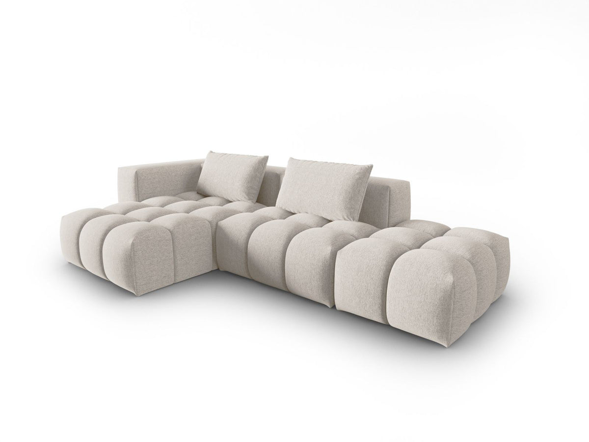 Modulares Ecksofa Verona Links in Beige-Sorella mit Massivholzrahmen, schwarzen Kunststoffbeinen und strukturiertem Tweed-Polsterstoff, 4 Sitzplätze.