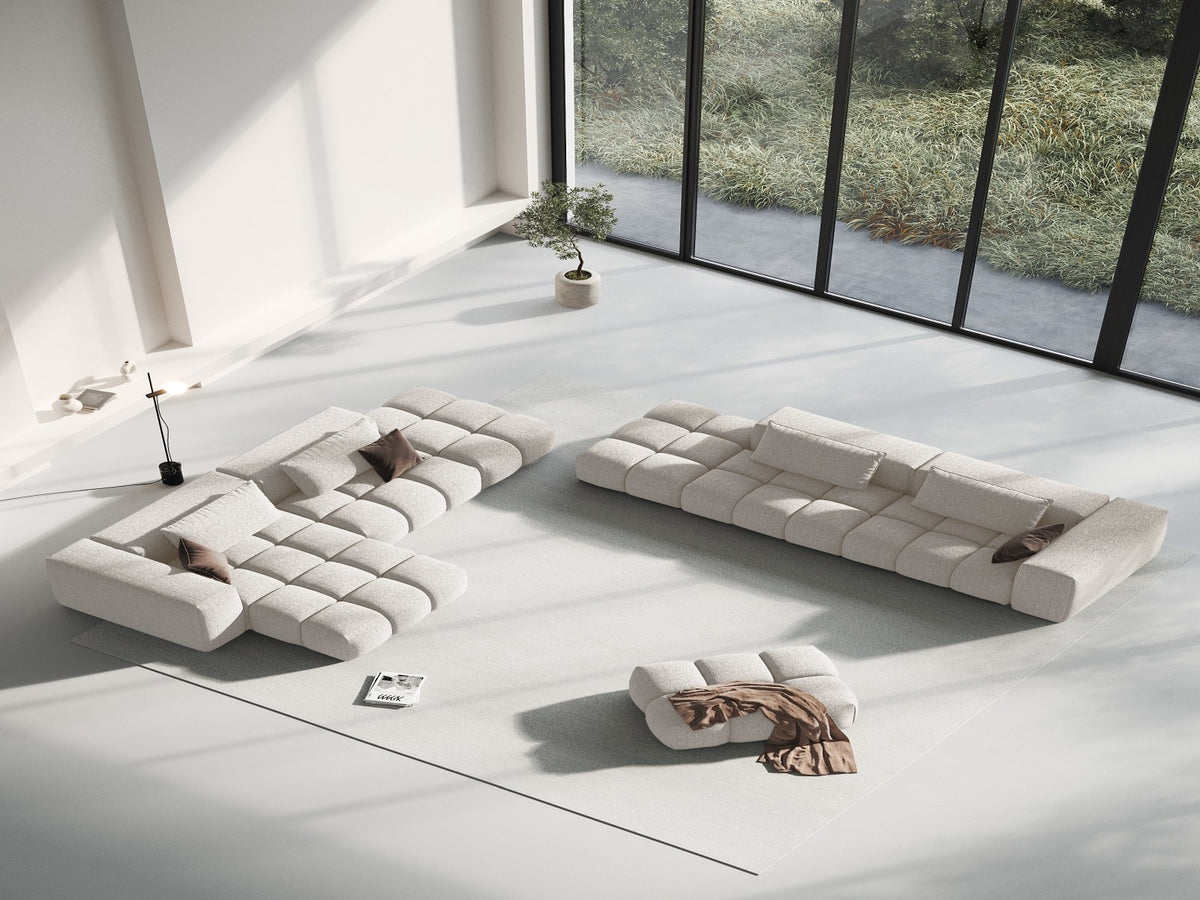 Modulares Ecksofa Verona Links in Beige-Sorella mit Massivholzrahmen, schwarzen Kunststoffbeinen und strukturiertem Tweed-Polsterstoff, 4 Sitzplätze.