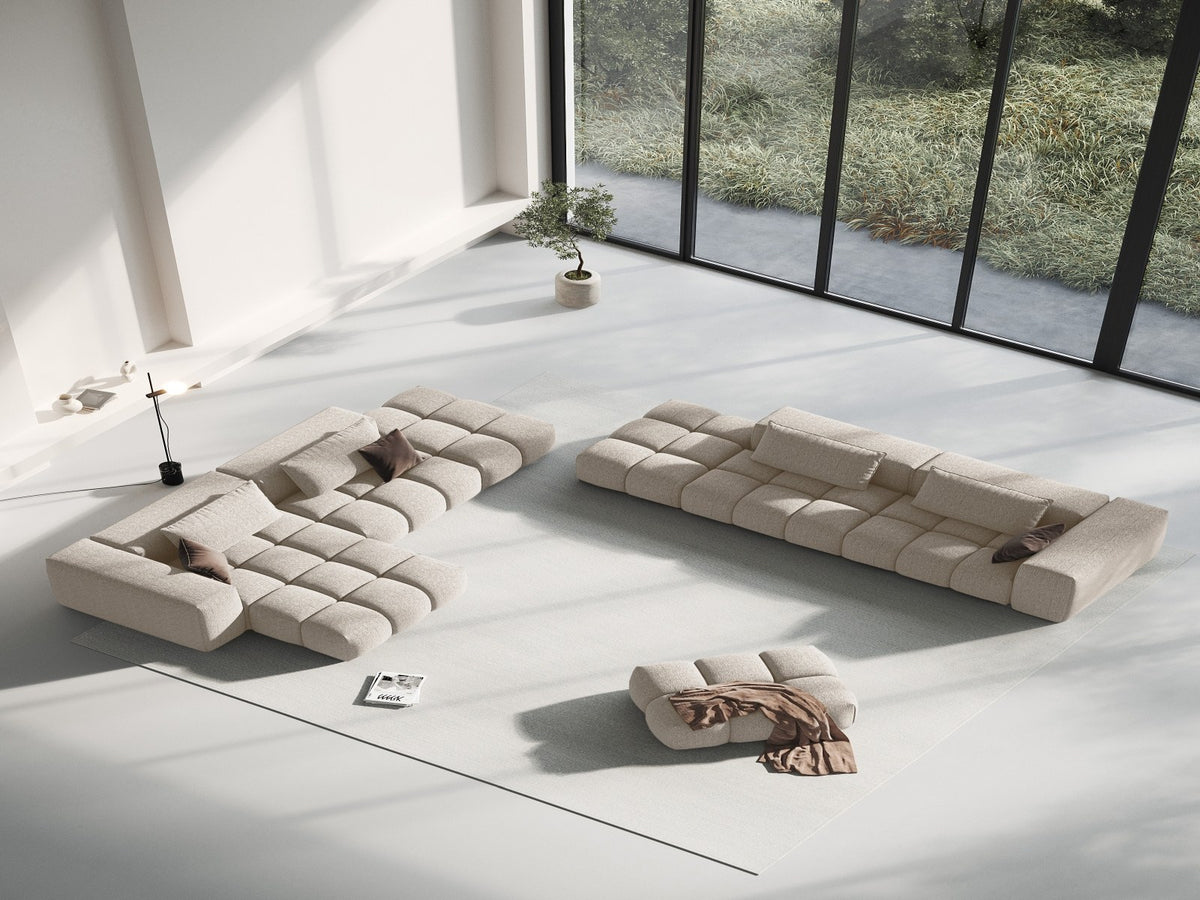 Modulares Ecksofa Verona Links in Beige-Sorella mit Massivholzrahmen, schwarzen Kunststoffbeinen und strukturiertem Tweed-Polsterstoff, 4 Sitzplätze.