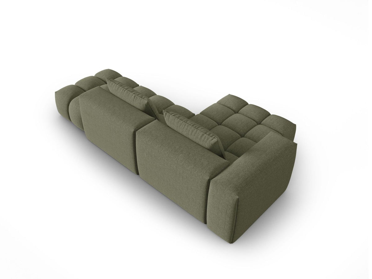 Modulares Ecksofa Verona Links in Beige-Sorella mit Massivholzrahmen, schwarzen Kunststoffbeinen und strukturiertem Tweed-Polsterstoff, 4 Sitzplätze.