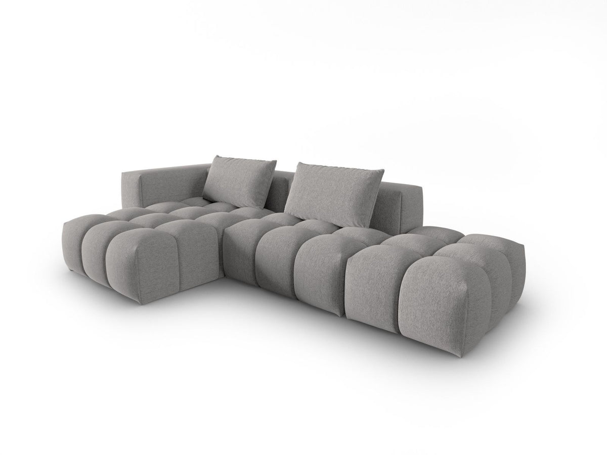 Modulares Ecksofa Verona Links in Beige-Sorella mit Massivholzrahmen, schwarzen Kunststoffbeinen und strukturiertem Tweed-Polsterstoff, 4 Sitzplätze.