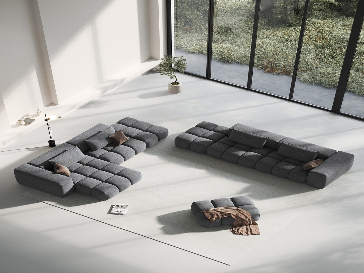 Modulares Ecksofa Verona Links in Beige-Sorella mit Massivholzrahmen, schwarzen Kunststoffbeinen und strukturiertem Tweed-Polsterstoff, 4 Sitzplätze.