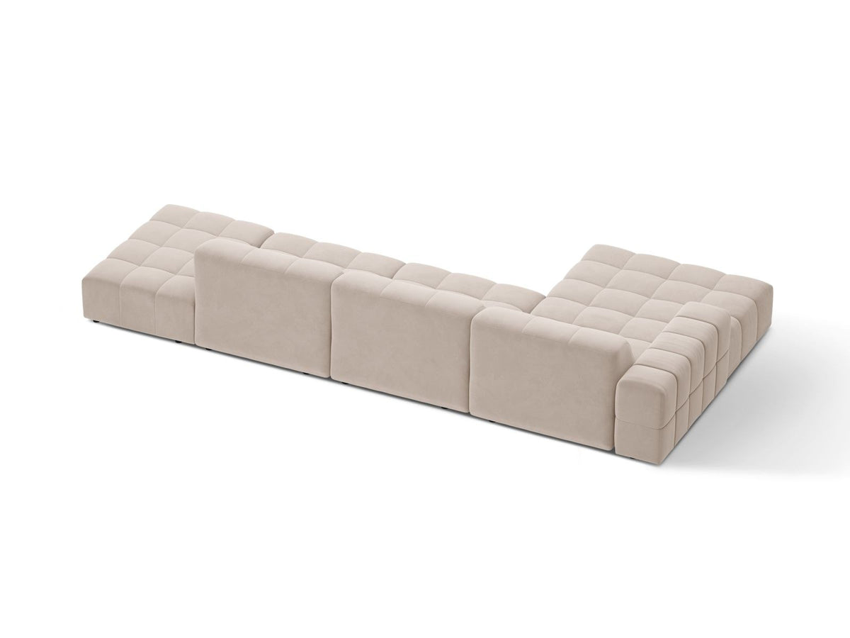 Ecksofa links von Cosmopolitan Design mit Samtbezug in Light Beige, massivem Holzrahmen und schwarzen Kunststoffbeinen, Modell Chicago.