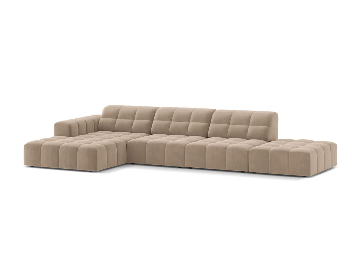 Ecksofa links von Cosmopolitan Design mit Samtbezug in Light Beige, massivem Holzrahmen und schwarzen Kunststoffbeinen, Modell Chicago.