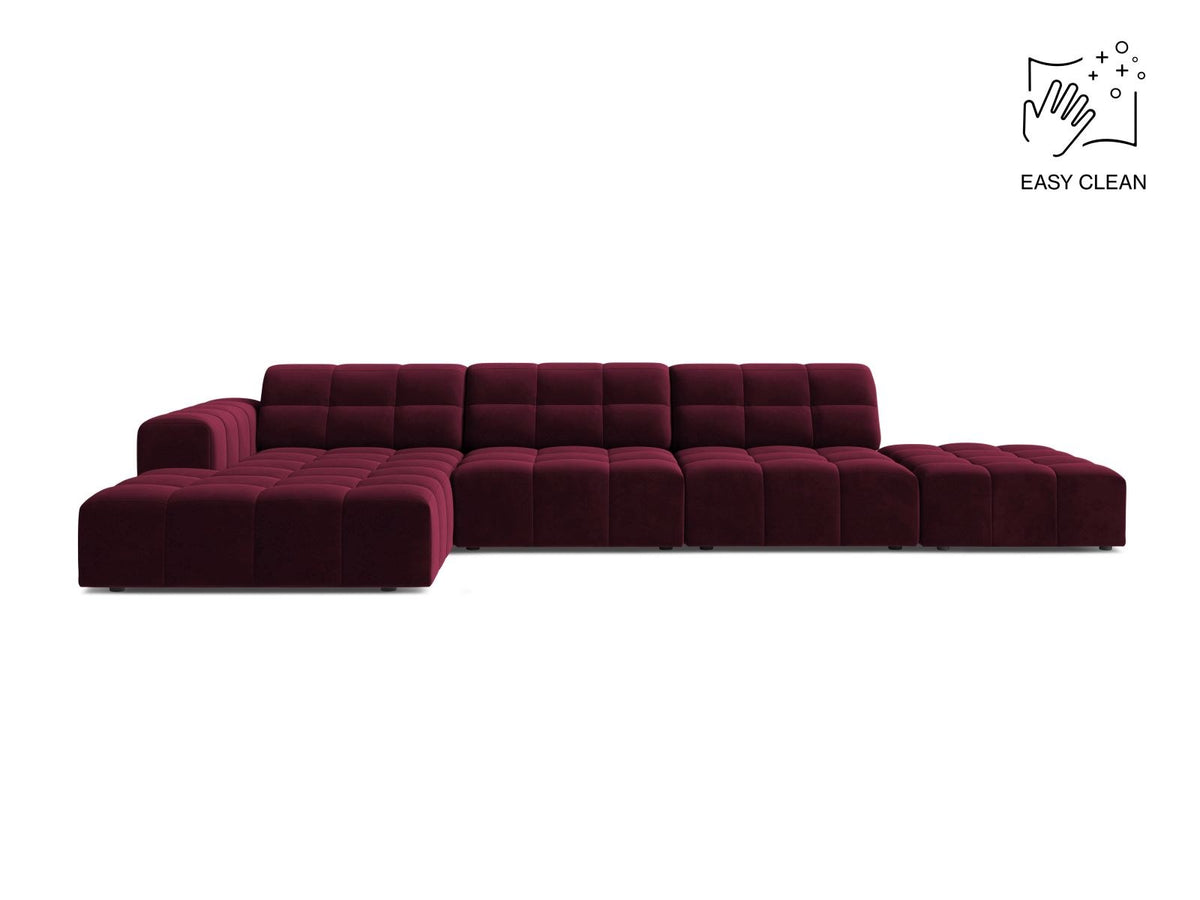 Ecksofa links von Cosmopolitan Design mit Samtbezug in Light Beige, massivem Holzrahmen und schwarzen Kunststoffbeinen, Modell Chicago.