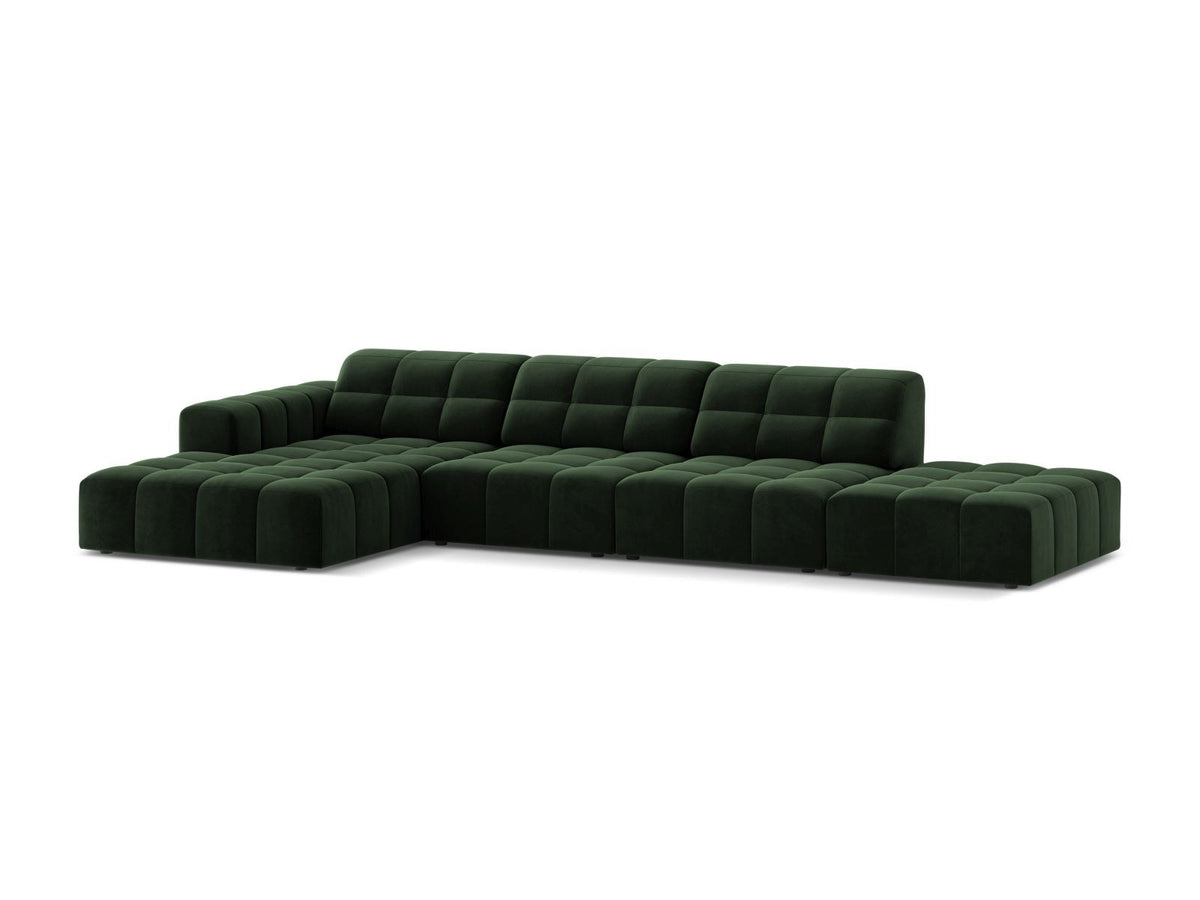 Ecksofa links von Cosmopolitan Design mit Samtbezug in Light Beige, massivem Holzrahmen und schwarzen Kunststoffbeinen, Modell Chicago.
