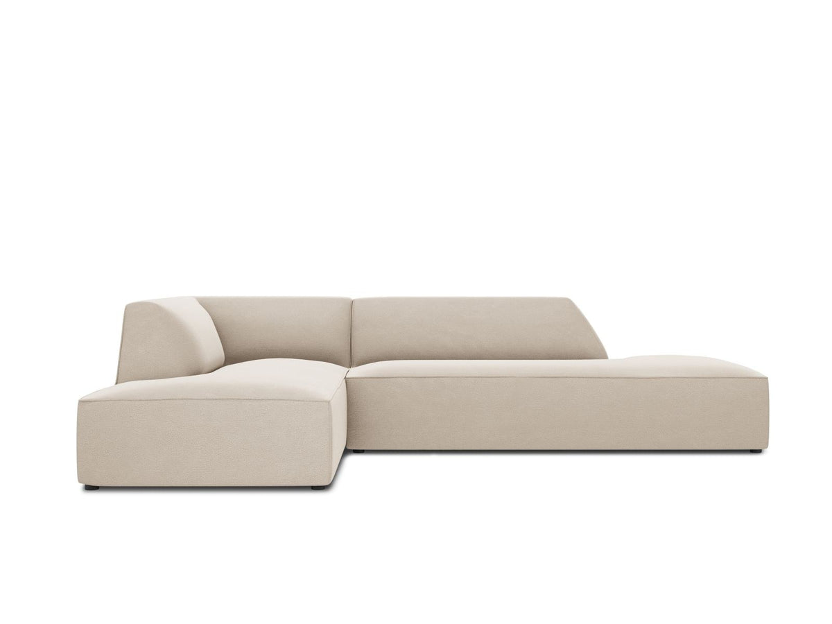 Modulares Ecksofa links in Beige-Salvador Samtstoff, schwarze Kunststoffbeine, Récamiere und gepolsterte Rückenlehne, 4-Sitzer, 180cm Breite.
