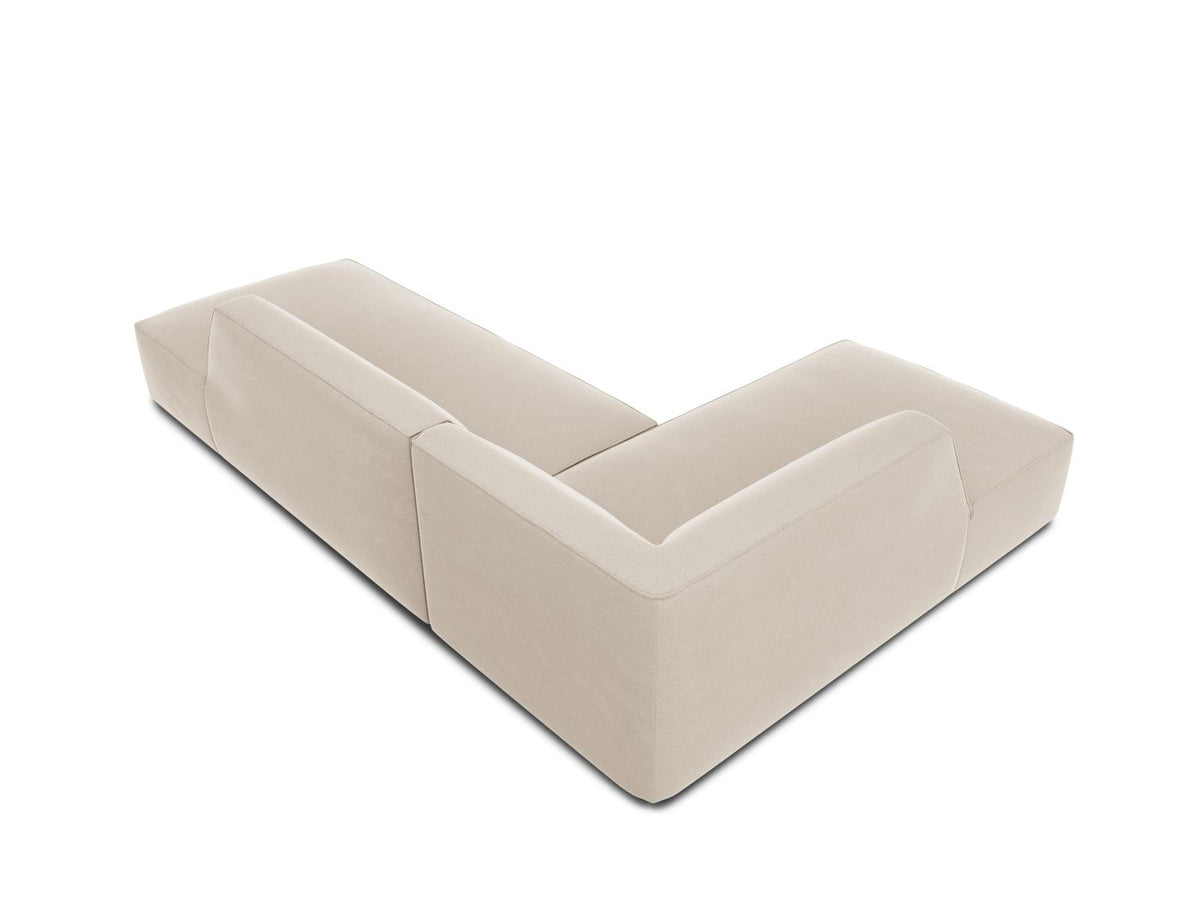 Modulares Ecksofa links in Beige-Salvador Samtstoff, schwarze Kunststoffbeine, Récamiere und gepolsterte Rückenlehne, 4-Sitzer, 180cm Breite.