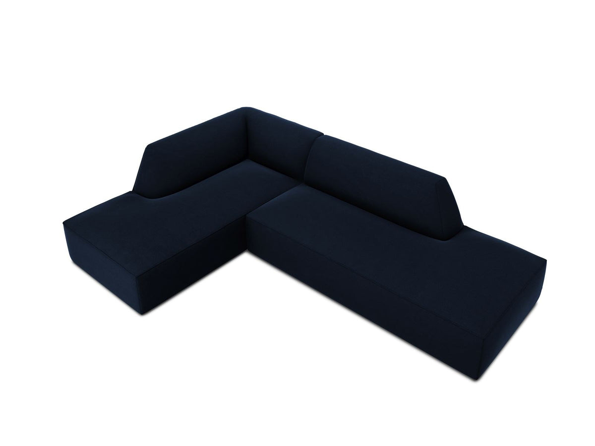 Modulares Ecksofa links in Beige-Salvador Samtstoff, schwarze Kunststoffbeine, Récamiere und gepolsterte Rückenlehne, 4-Sitzer, 180cm Breite.