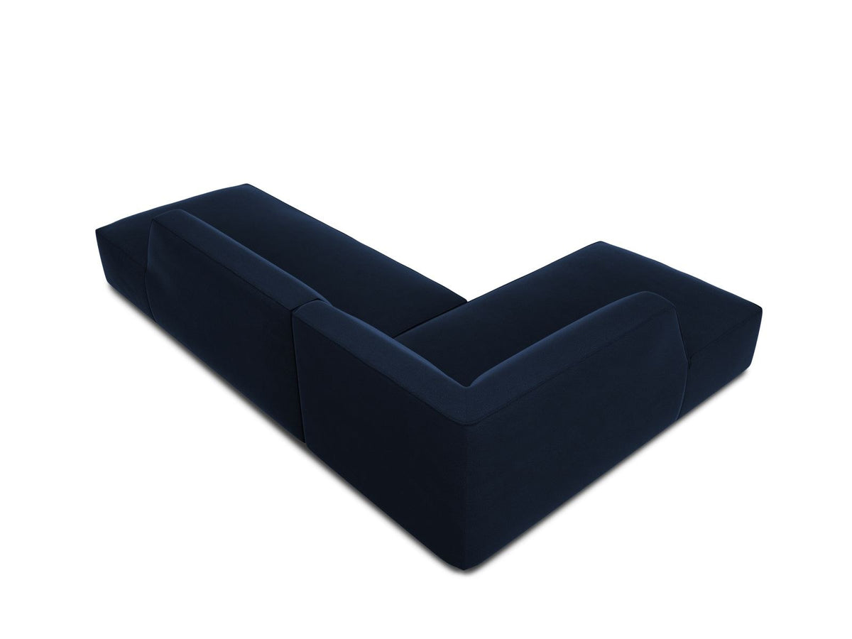 Modulares Ecksofa links in Beige-Salvador Samtstoff, schwarze Kunststoffbeine, Récamiere und gepolsterte Rückenlehne, 4-Sitzer, 180cm Breite.