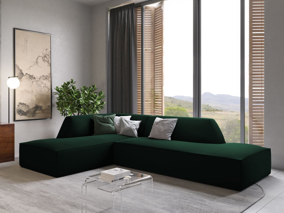 Modulares Ecksofa links in Beige-Salvador Samtstoff, schwarze Kunststoffbeine, Récamiere und gepolsterte Rückenlehne, 4-Sitzer, 180cm Breite.