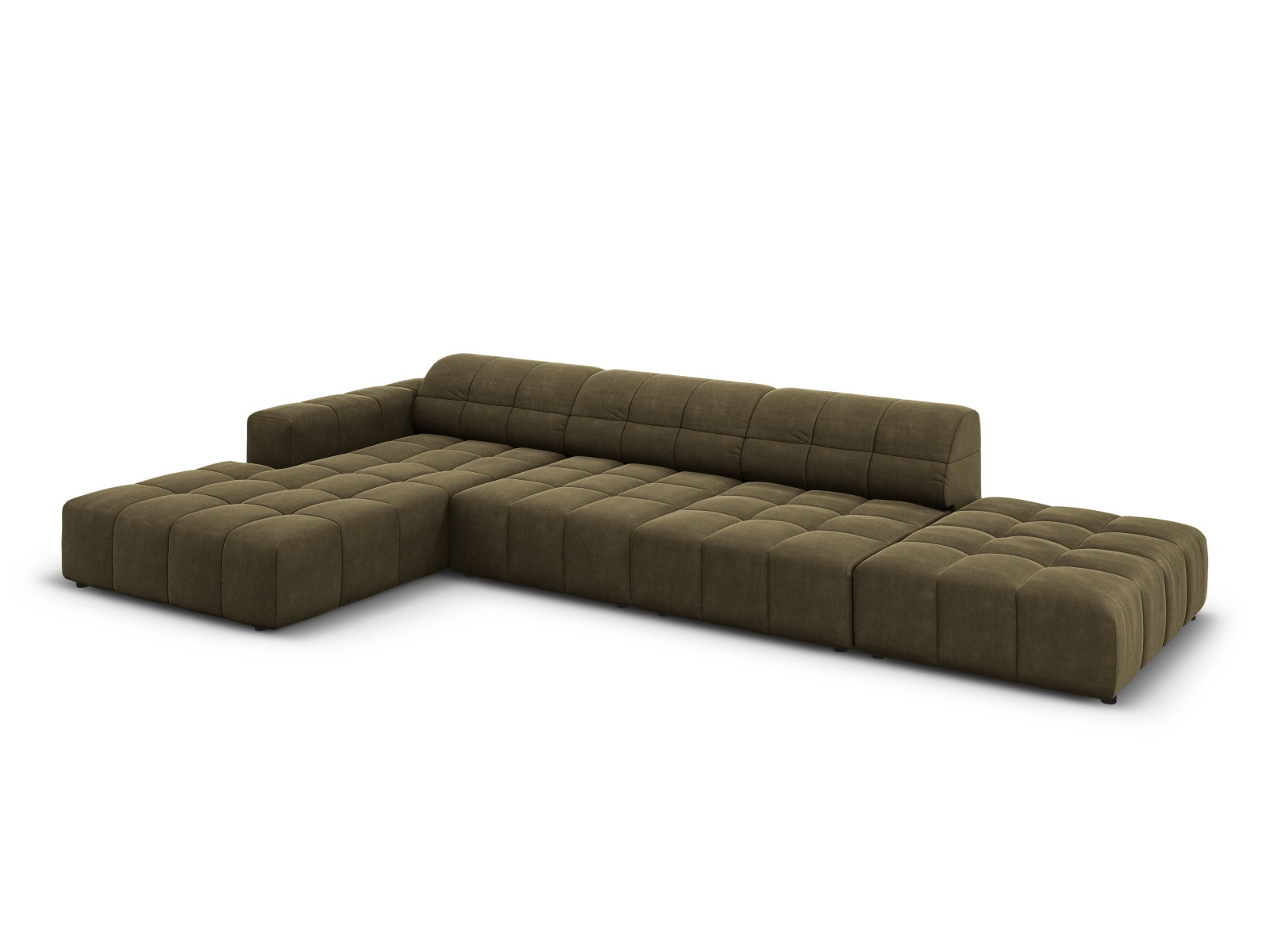 Stylisches Chicago Velour Ecksofa links, 5 Sitzer, 166cm in trendigem Green-Bluvel, perfekt für zeitgemäße Inneneinrichtungen.
