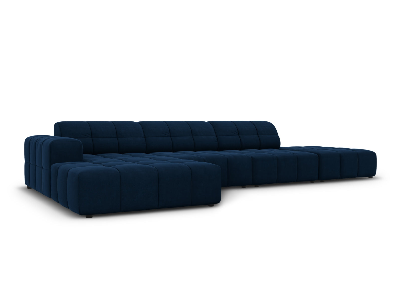 Elegantes Chicago Velour Ecksofa links, 5 Sitzer in Royal Blue, ideal für stilvolle Wohnräume, präsentiert von Cosmopolitan Design.